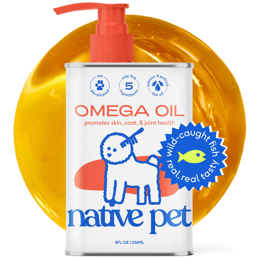 Omega oil container for pets with a red pump and yellow label on a white background