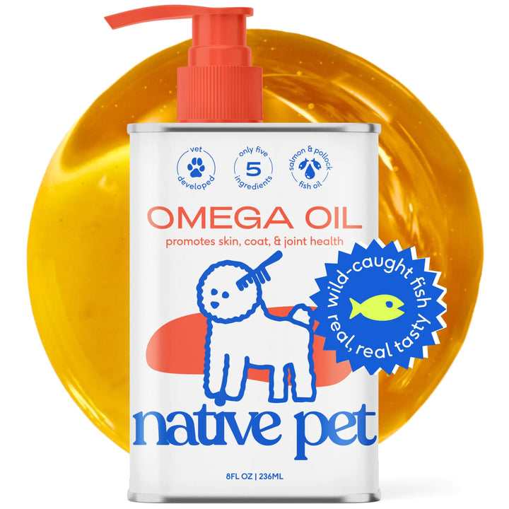 Omega oil container for pets with a red pump and yellow label on a white background