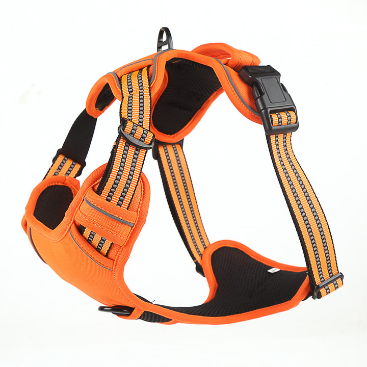 Orange and black dog harness on a white background