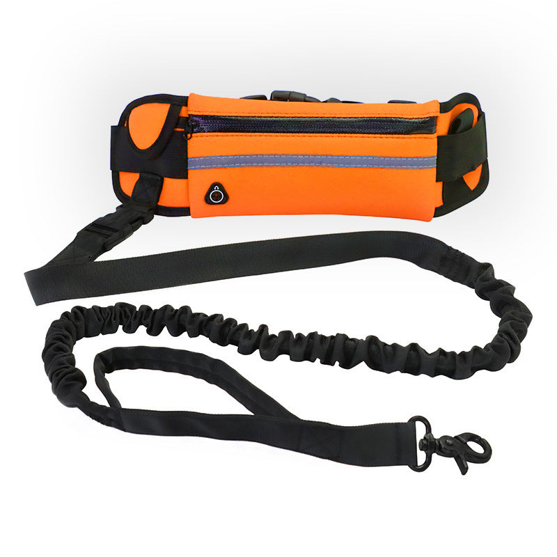 Orange waist bag with black bungee leash on a white background
