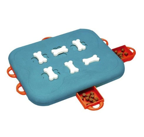 Blue and orange puzzle toy for dogs with bone-shaped holes and food compartments.