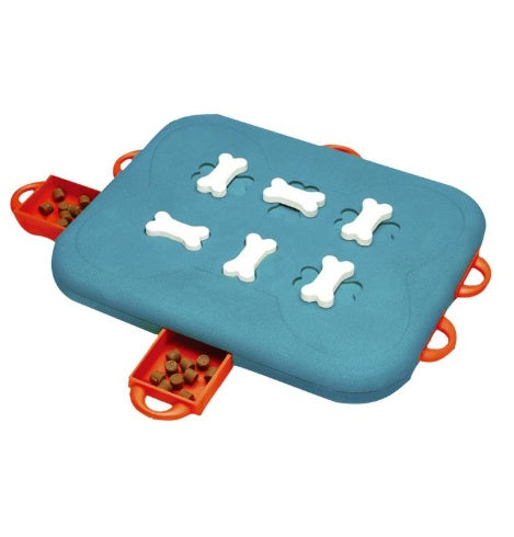 Blue and orange puzzle toy for dogs with bone-shaped holes and food compartments.