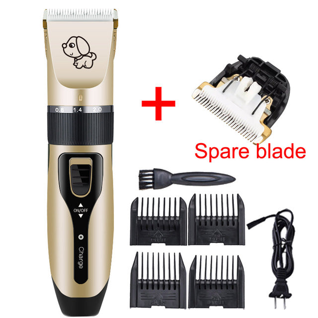Pet grooming clipper set with attachments and spare blade on a white background