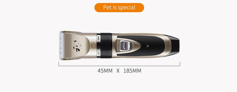 Pet grooming clipper with dimensions displayed on a white background