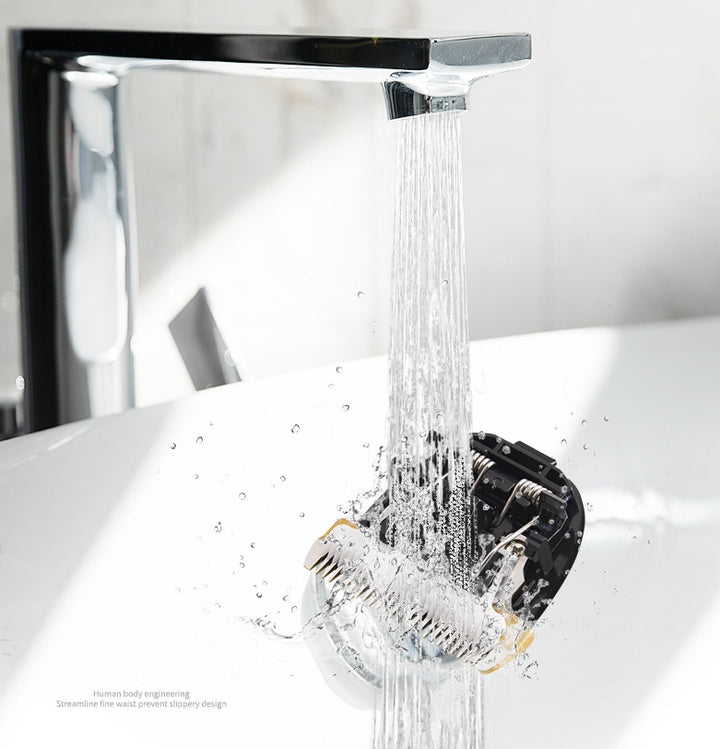 Modern shower head with water flowing in a bathroom setting