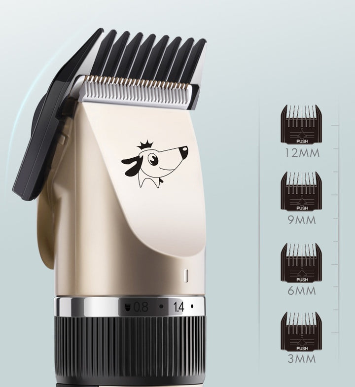 Pet grooming clipper with interchangeable attachments on a light gray background