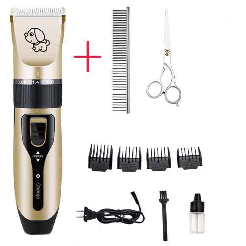 Pet grooming kit with trimmer, comb, scissors, and attachments on a white background