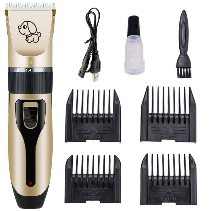 Gold and black hair trimmer set with attachments on a white background