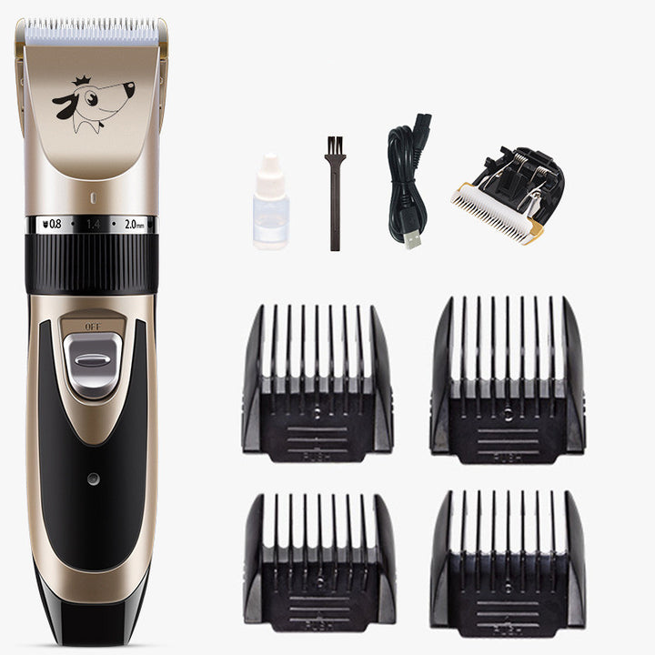 Dog grooming trimmer with attachments on a white background