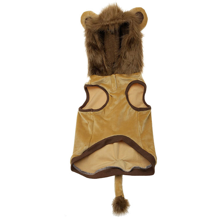 Dog costume shaped like a lion on a white background