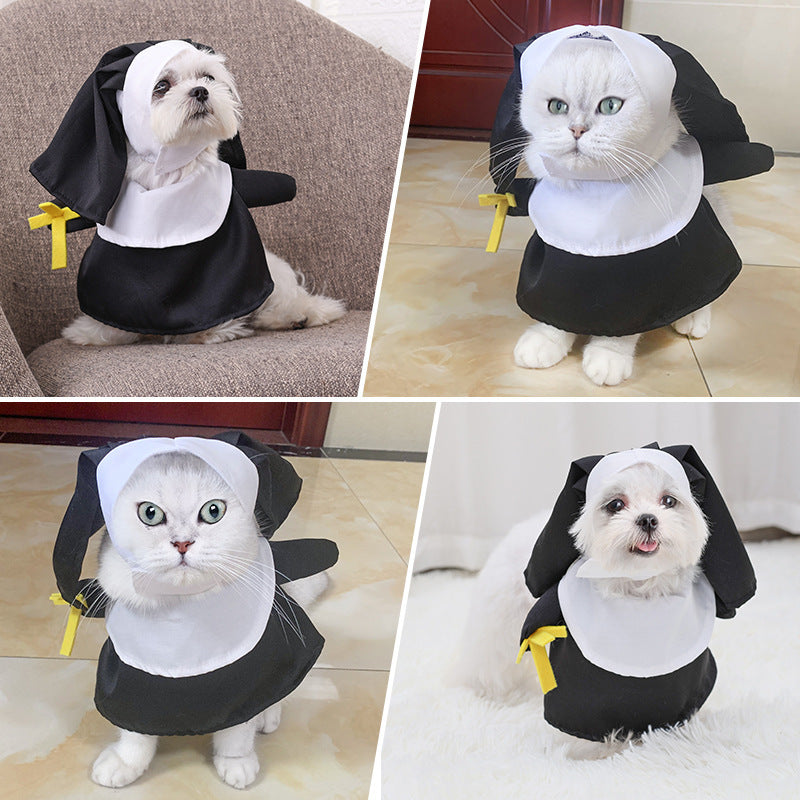 Collage of a small dog and cat wearing a black and white penguin costume.