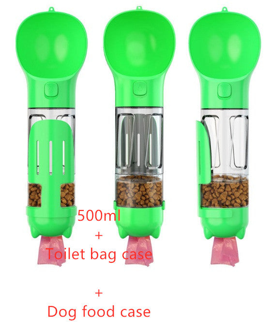 Three green pet feeders with compartments for food, a toilet bag case, and a dog food case on a white background.