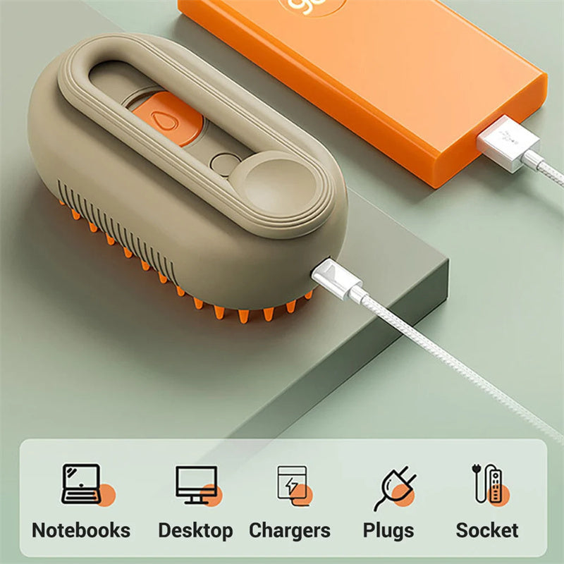 Small Pet Steam Brush with orange accents connected to a power source on a light green background.