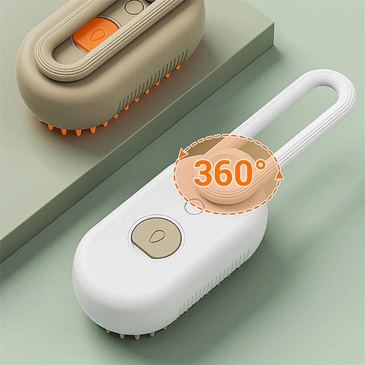 White Pet Steam Brush with a handle and '360°' label on a light green background