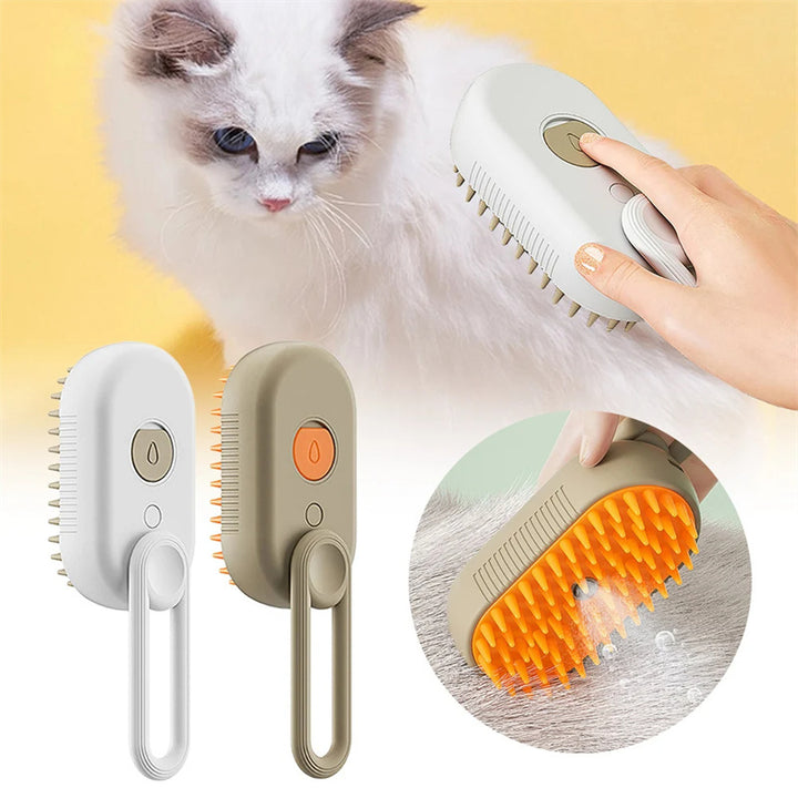 Cat being brushed with a grooming tool, surrounded by different grooming brushes on a yellow background.