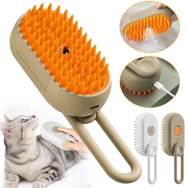 Pet grooming brush with orange bristles and beige handle, shown with a cat and close-up details.