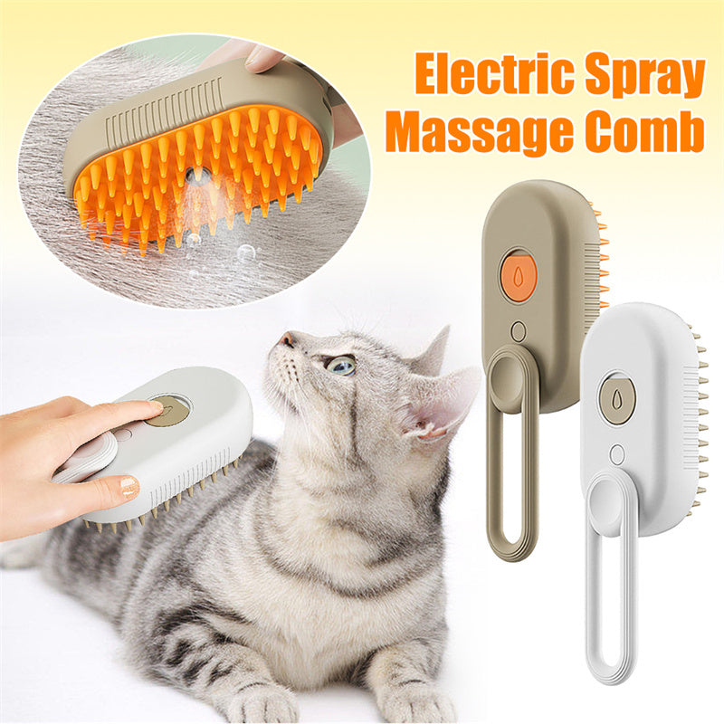 Electric spray massage comb with a cat using it, on a light yellow background.