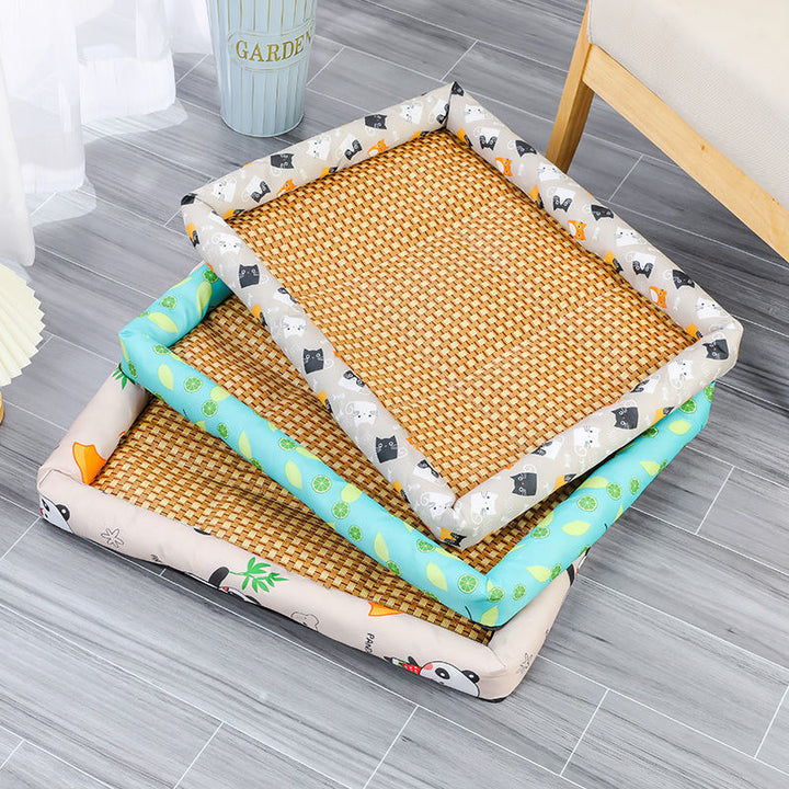 Woven pet bed with colorful边缘 on a gray floor