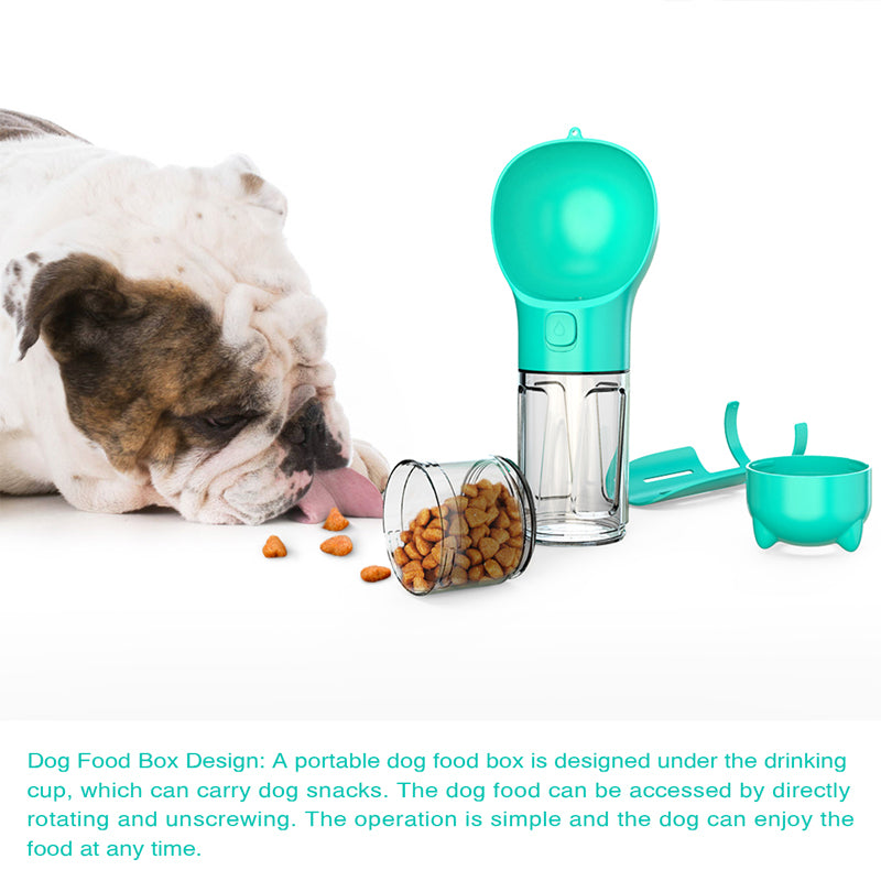 Teal and clear dog food box with a bulldog and scattered kibble on a white background