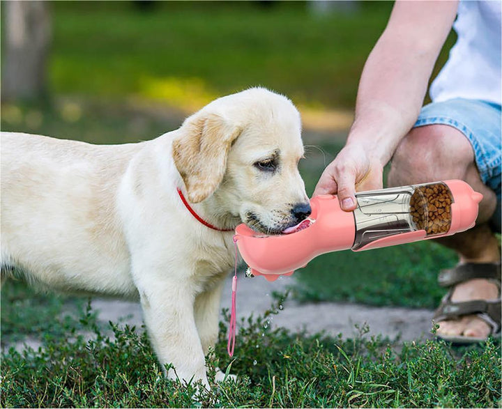 Dog drinking from a pink pet water bottle held by a person outdoors.