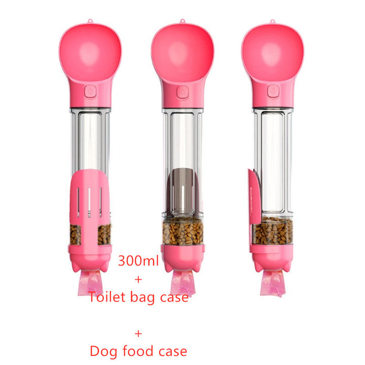 Three pink pet water bottles with transparent sections on a white background