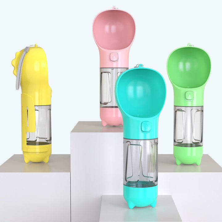 Four colorful pet water bottles on a white background