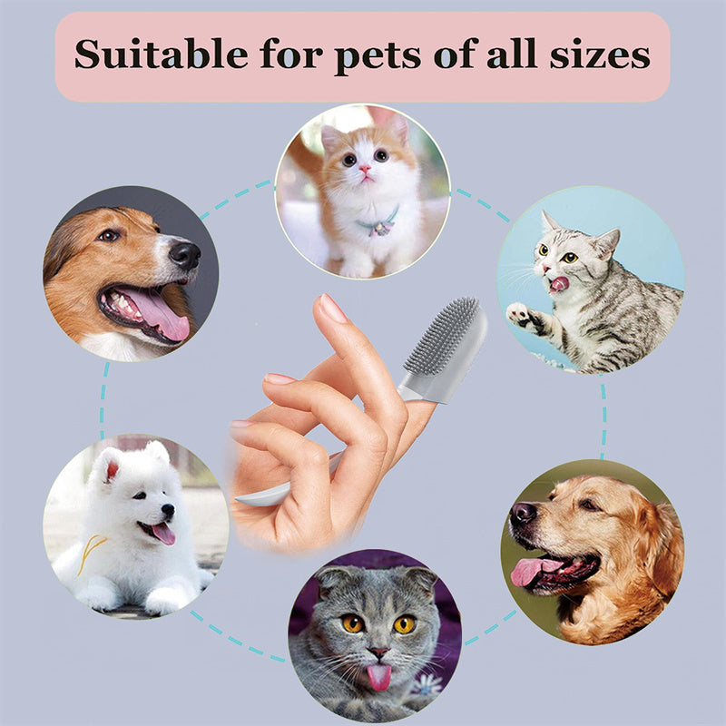 Pet tooth brush with images of dogs and cats indicating suitability for all sizes.