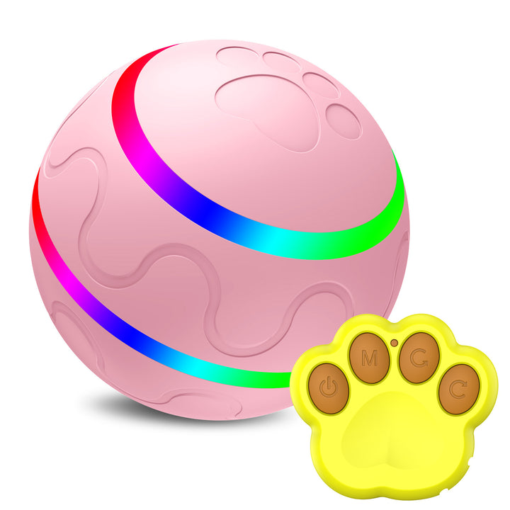 Pink ball with colorful light strip and yellow paw-shaped controller on a white background
