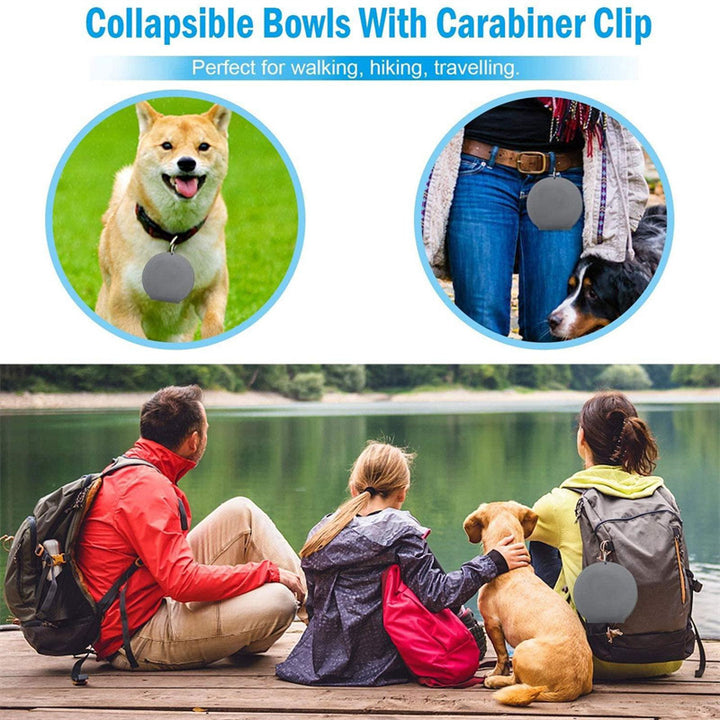 Collapsible bowls with carabiner clip for pet use, shown with a dog and people with backpacks by a lake.