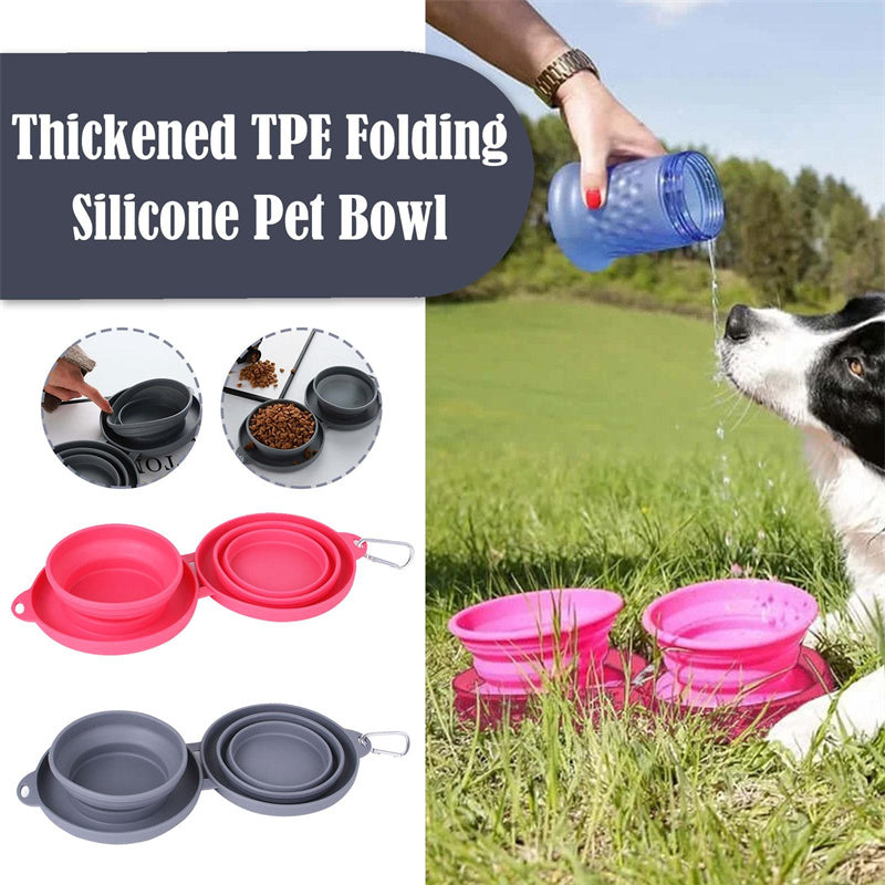 Collapsible silicone pet bowls with a dog drinking water outdoors.
