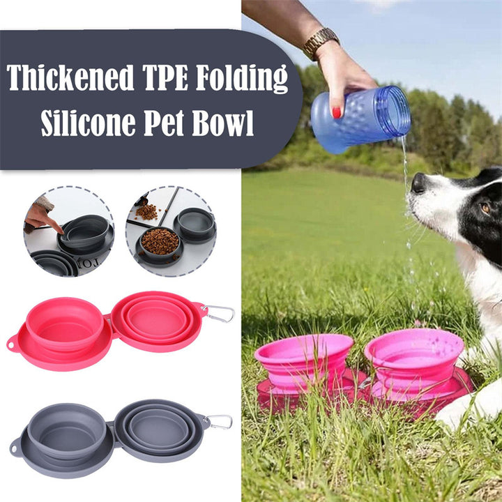 Collapsible silicone pet bowls with a dog drinking water outdoors.