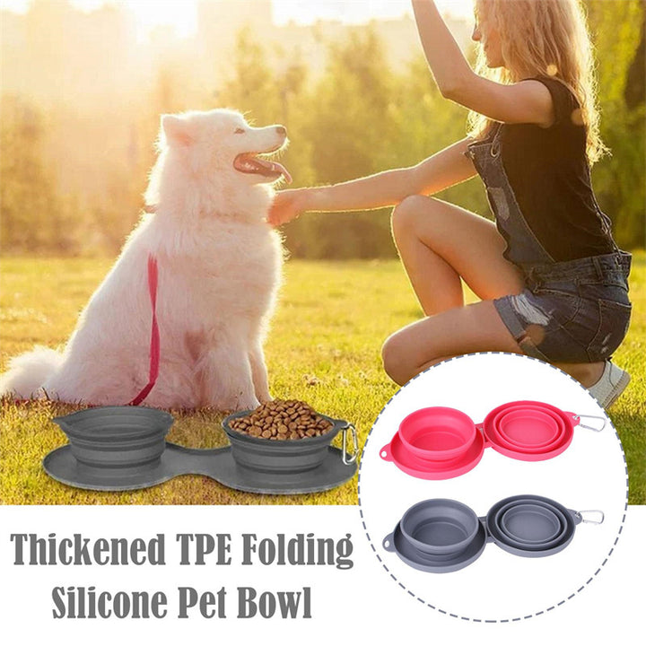 Woman sitting with a dog outdoors, with insets of thickened TPE folding silicone pet bowls.
