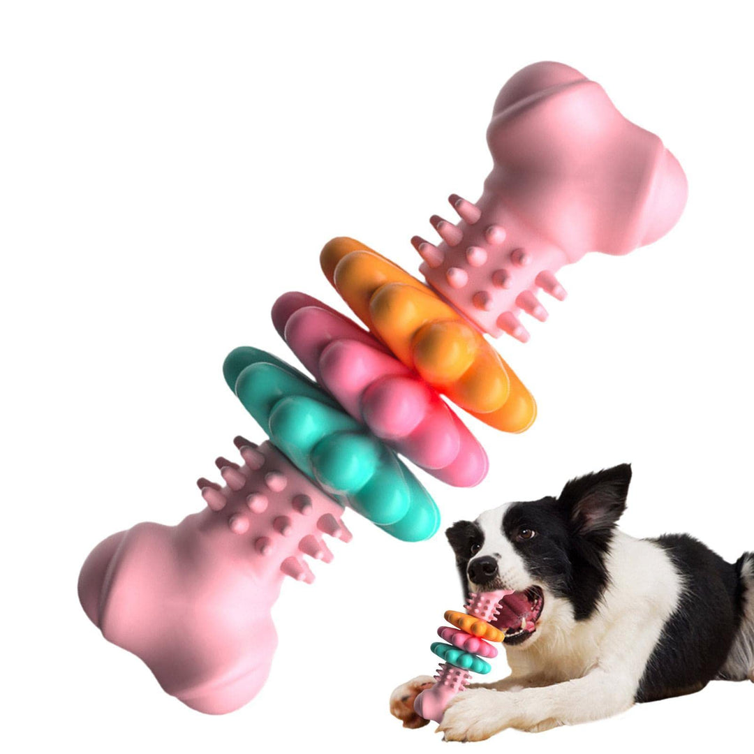 Colorful dog toy with a dog chewing on it against a white background