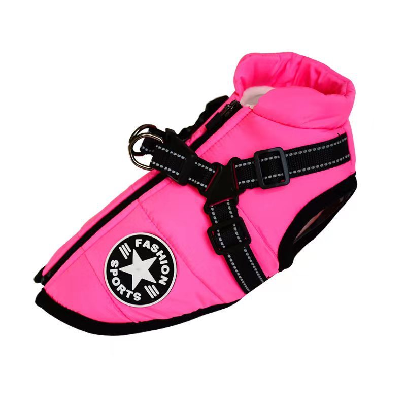 Pink dog vest with black straps and a visible brand logo on a white background