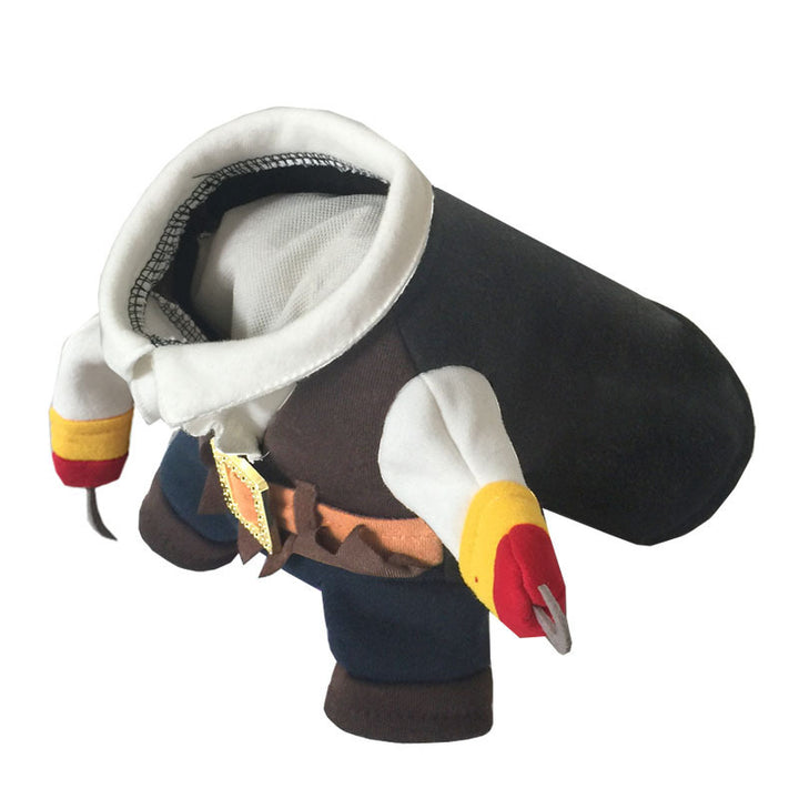 Pirate-themed pet costume with a black body, white collar, and colorful feet on a white background