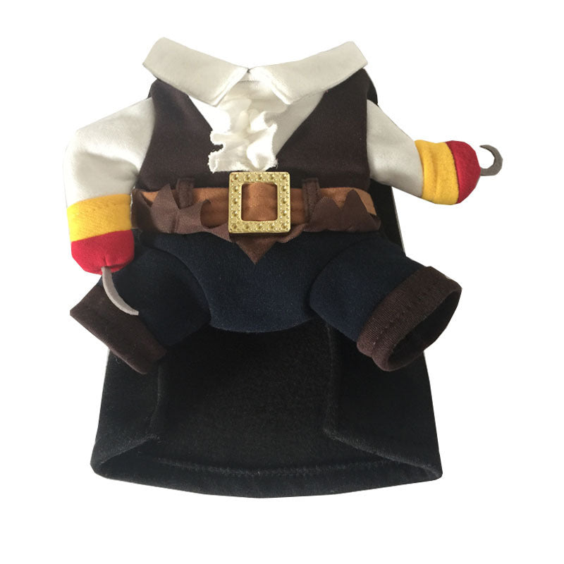 Pirate themed costume for a small animal with a white shirt, brown vest, and black pants on a white background