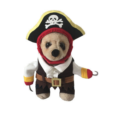 Pirate-themed dog costume with a skull and crossbones hat on a white background