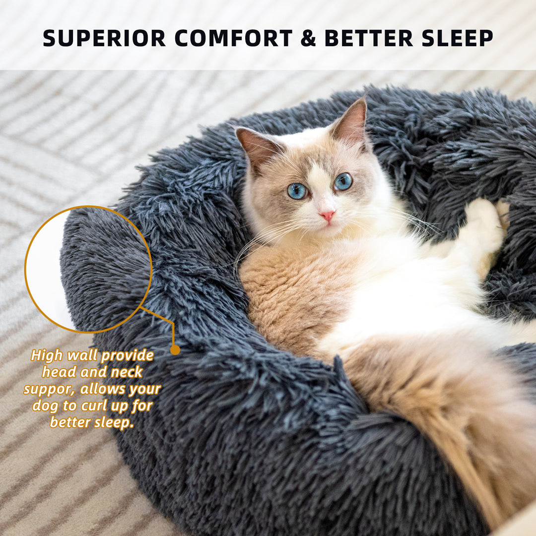 Cat lying on a fluffy gray pet bed with text highlighting comfort and sleep benefits.