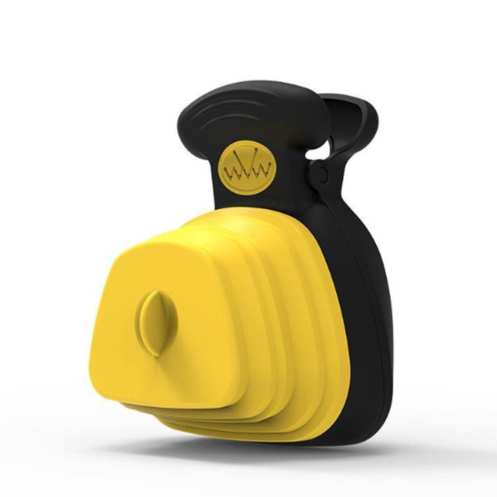 Yellow and black Portable Dog Poop Scooper with Bag Holder on a white background