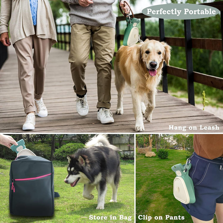 Dog walking on a leash with a portable dog waste bag holder, shown in various settings.