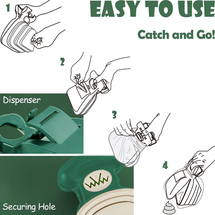 Instructions for using a green dispenser with a securing hole, labeled 'Easy to Use' and 'Catch and Go'.