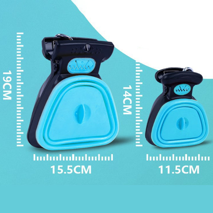 Measurement chart of a blue and black Portable Dog Poop Scooper with Bag Holder  on a light blue background