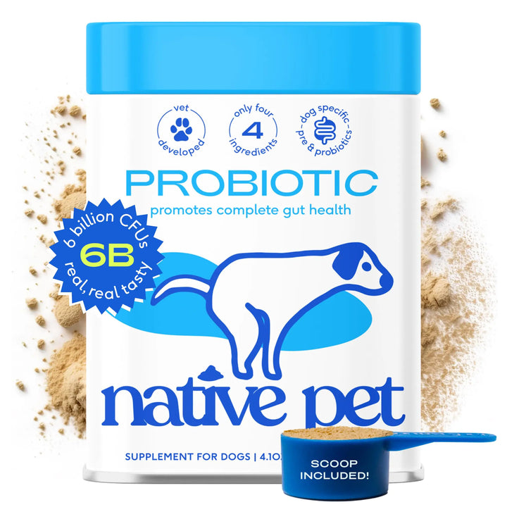Probiotic supplement for dogs by Native Pet with a scoop on a white background