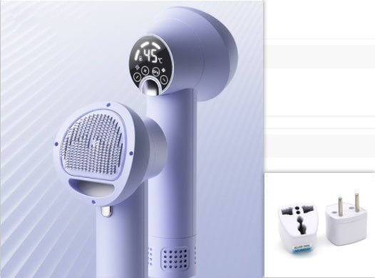Handheld hair dryer with digital display and attachments on a light blue background