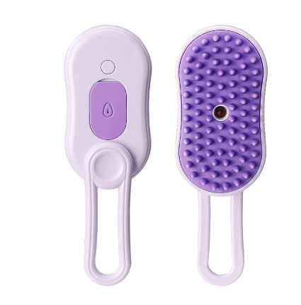 Purple and white grooming tool with textured surface on a white background
