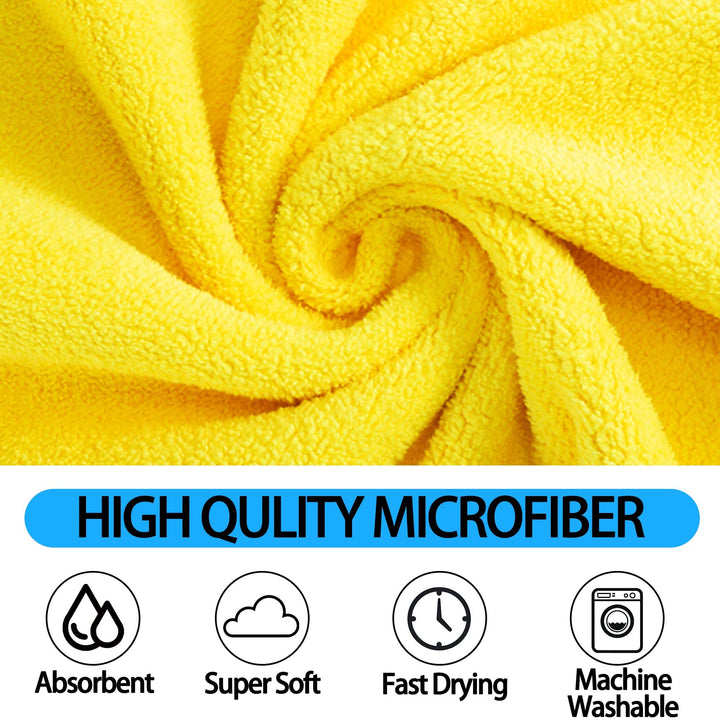 Close-up of yellow microfiber cloth with high quality attributes listed below.