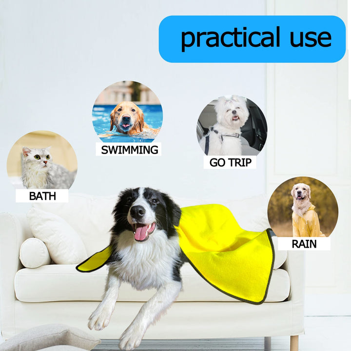 Dog wearing a yellow raincoat with practical use scenarios displayed on a white background