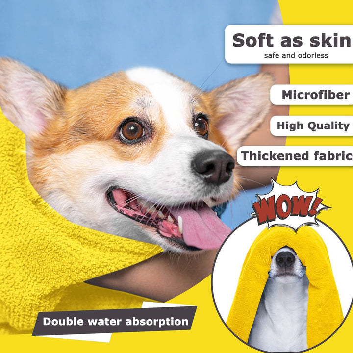 Dog wearing a yellow towel with text highlighting features on a blue and yellow background