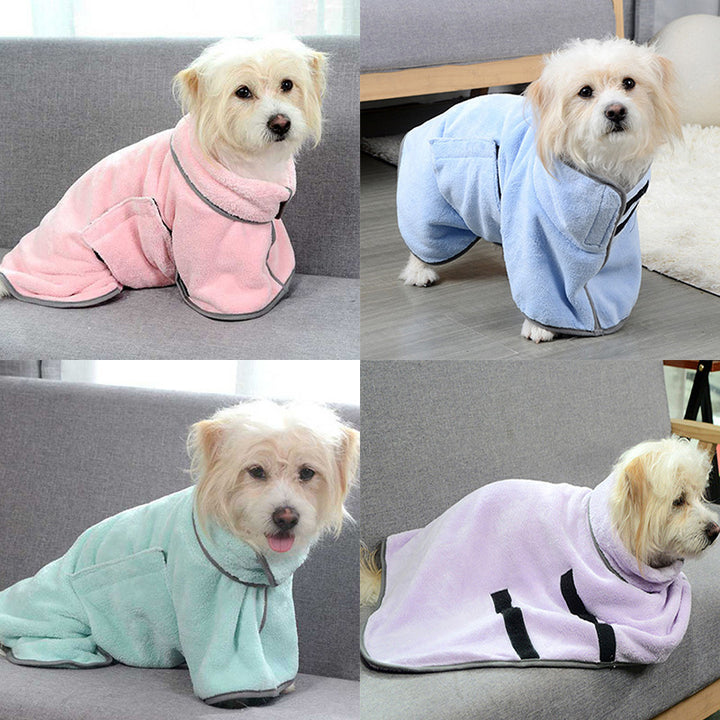 Dog wearing different colored robes in a collage.