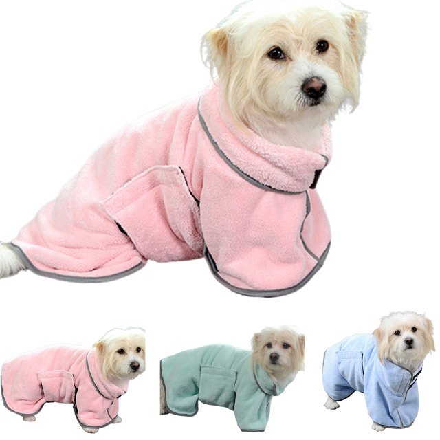 Dog wearing a pink robe with additional images of dogs in different colored robes on a white background.